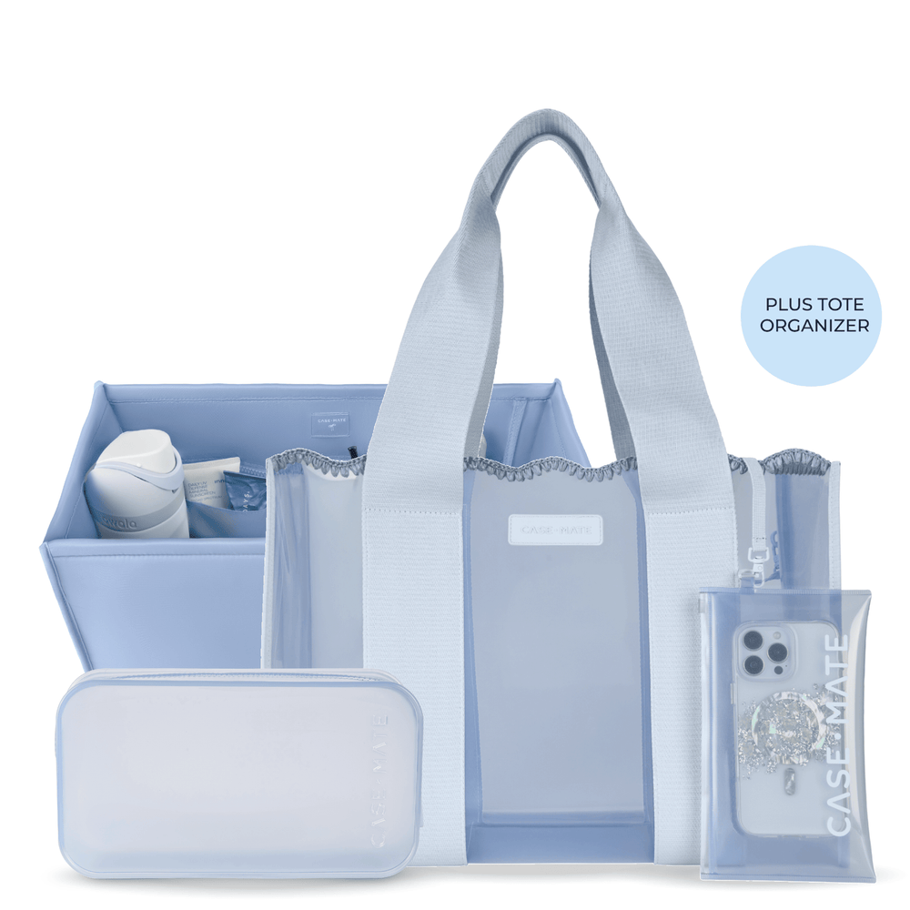 A light blue and white travel tote bag set with a main tote bag, a tote organizer  shown on a white background with a light blue circular label that reads 'PLUS TOTE ORGANIZER'.