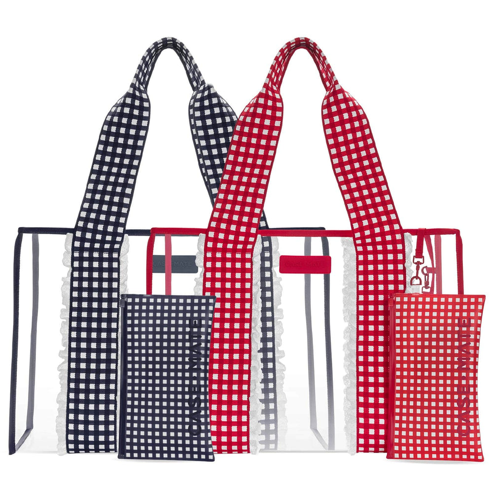 Two tote bags with gingham pattern handles and striped bodies in navy and cherry red colorways.