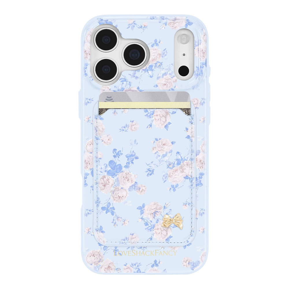 Floral patterned phone case with card holder on a light blue background
#color_everblooming rosettes