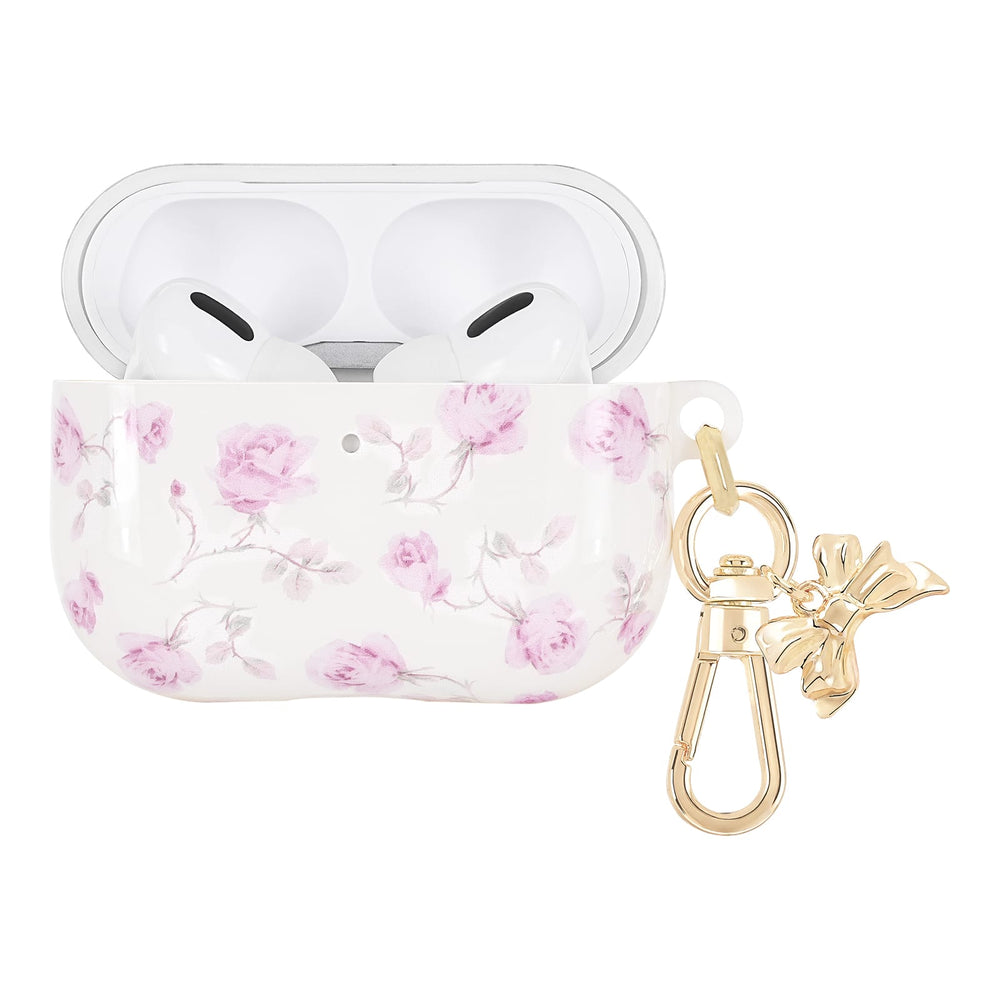 Floral-patterned airpod case with a gold keychain on a white background
#color_ribbon rosa flora