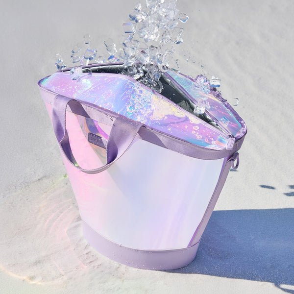 Iridescent water dispenser with water splashing out on a light gray 
background
#color_iridescent