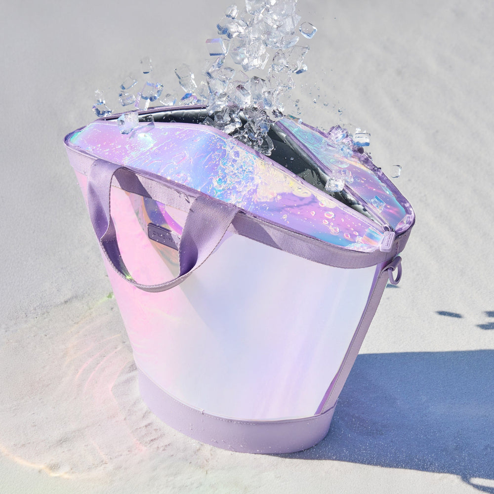 Iridescent water dispenser with water splashing out on a light gray 
background
#color_iridescent