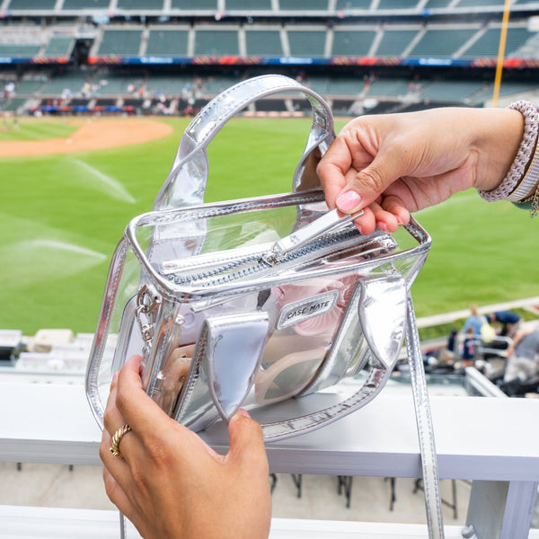 Clear handbag with a baseball field in the background
#color_silver chrome