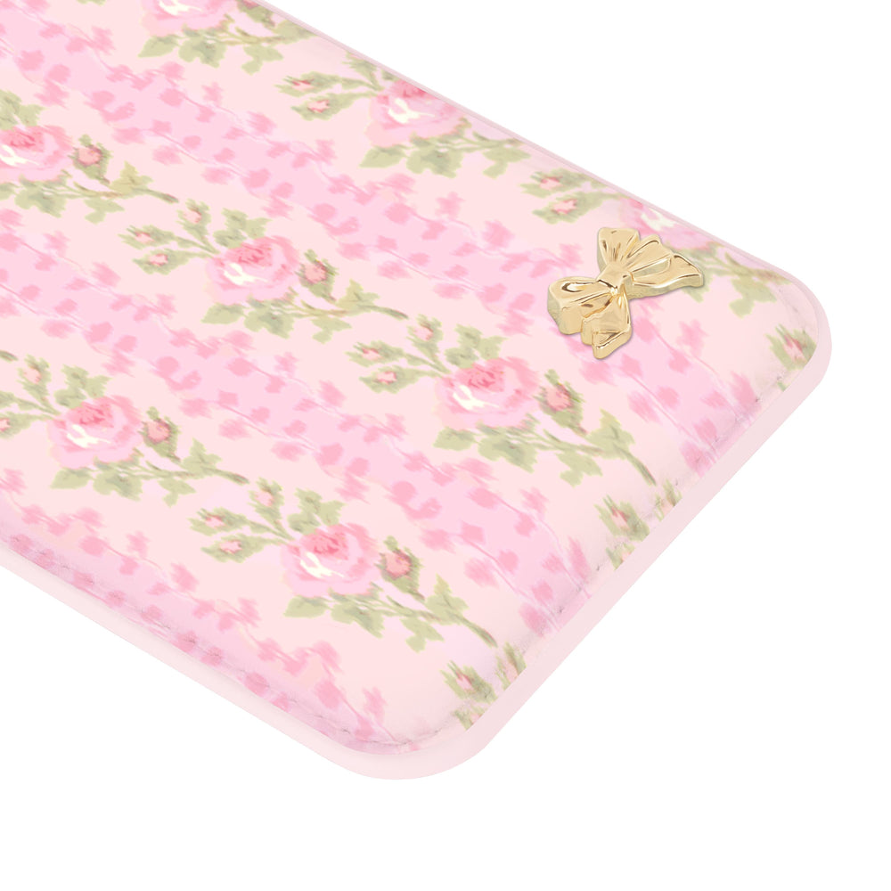 Pink floral phone case with a gold bow on a white background #color_blooming heirloom