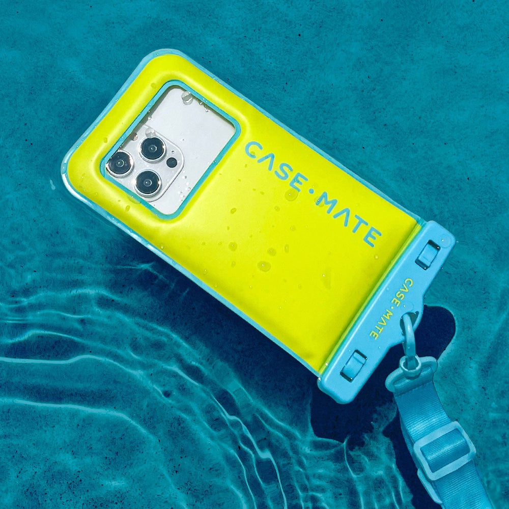 Yellow phone case with blue strap on a blue water background #color_citrus splash
