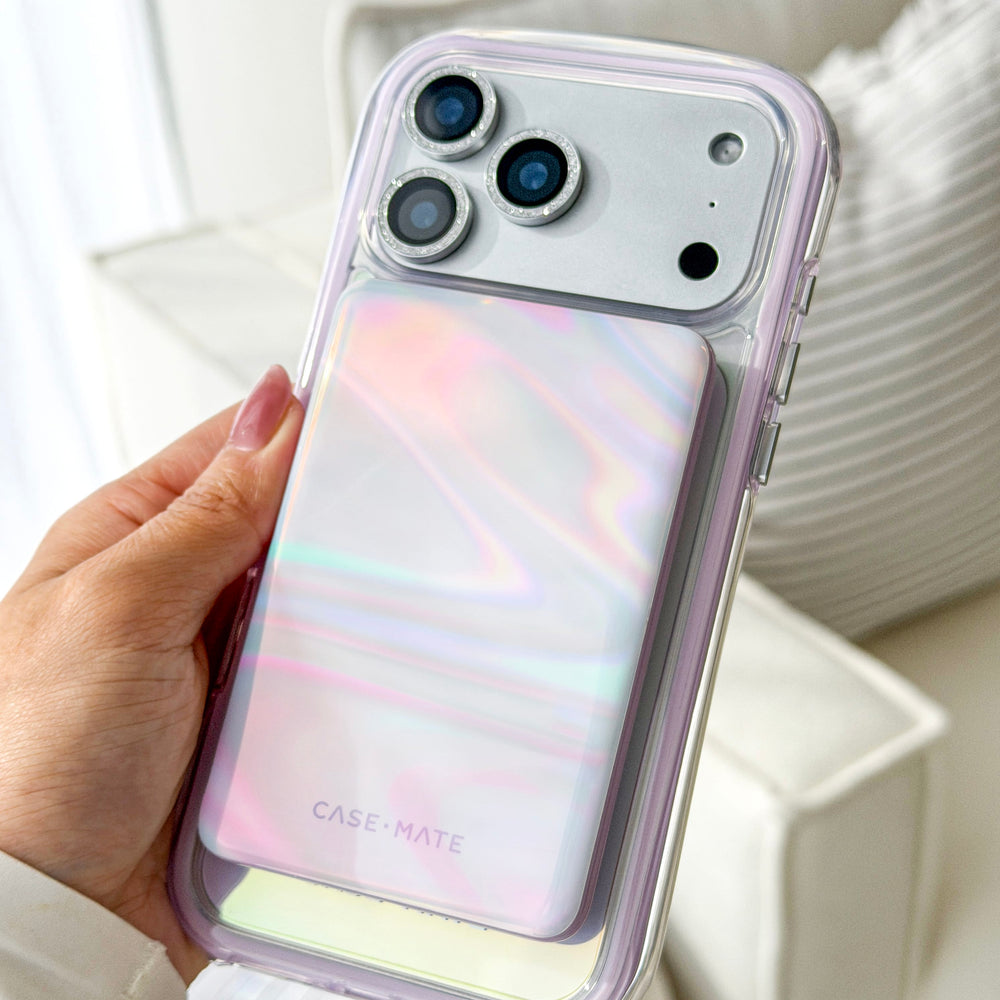Phone case with iridescent design held by a hand, brand 'Case-Mate' visible
#color_iridescent 