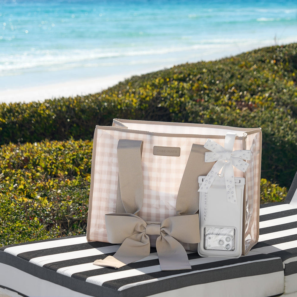 Packaged product with decorative elements on a striped surface against a natural background