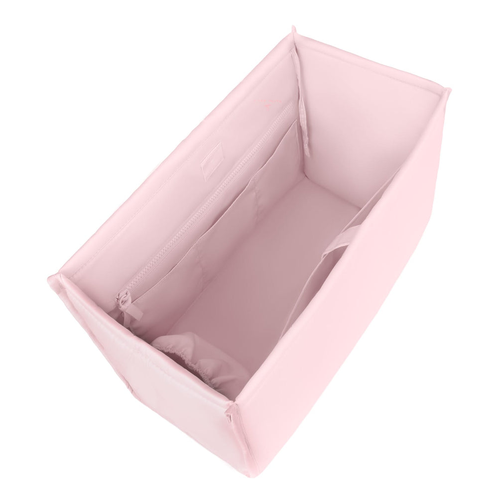 A light pink fabric organizer bag with a zippered main compartment and interior pockets, shown from an elevated angle on a white background.

#color_ballet pink