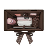A brown organizer box shown from above, packed with travel accessories including a pink water bottle, a striped pouch, a white pouch, sunglasses, a pink case, and a polka-dot bag, on a white background.

#color_espresso
