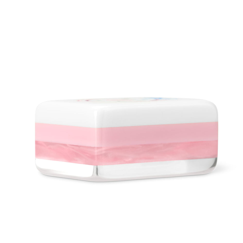 A rectangular resin keepsake box with a layered design featuring a white top section, a wide pink middle band, and a clear bottom base, shown on a plain white background.
#color_ballet pink pearl edition