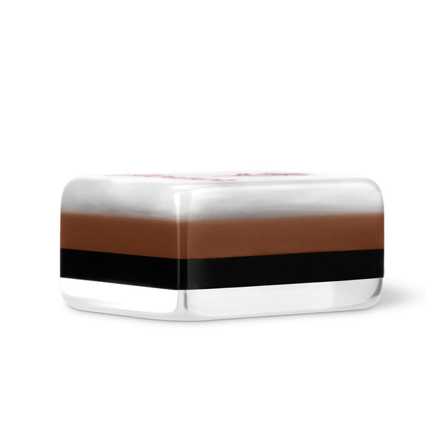A rectangular translucent resin block or pendant with horizontal color bands: white on top, brown in the middle, and black in the lower band, shown on a clean white background.
#color_tortoiseshell pearl edition