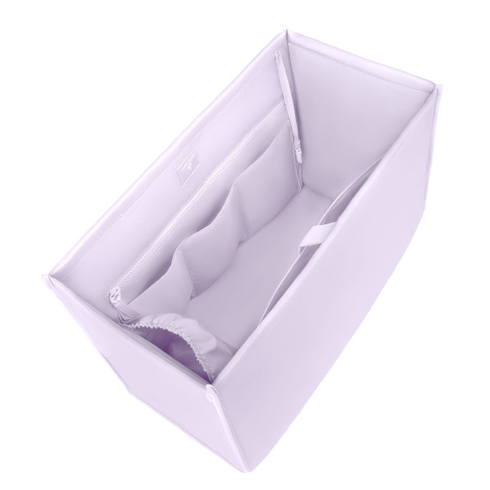 A light lavender zippered organizer bag with internal fabric dividers and a small zip pocket, shown on a plain white background.
#color_lavender 