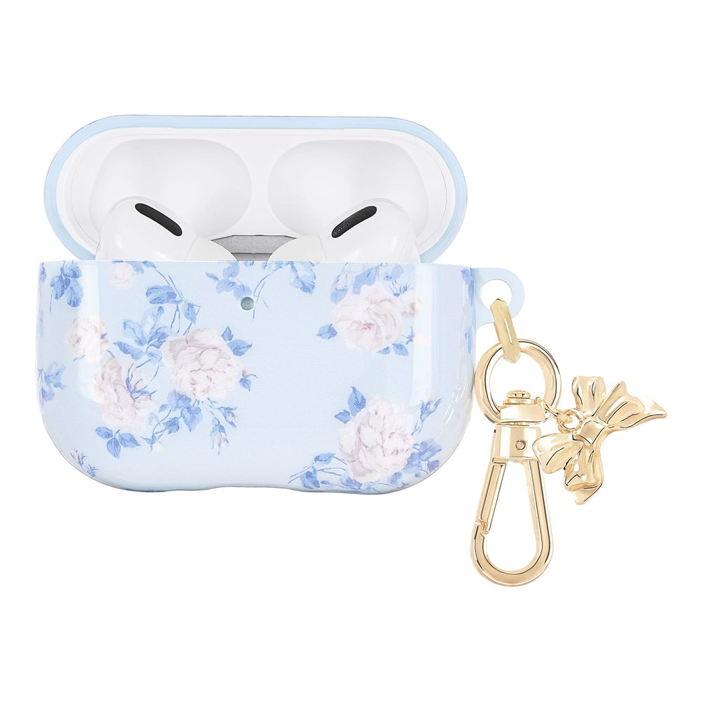 Floral-patterned airpod case with a gold keychain on a white background
#color_everblooming rosettes