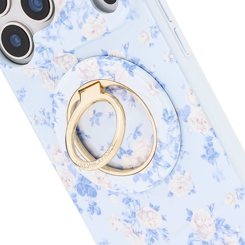 Smartphone with floral case and gold ring holder on a white background
#color_everblooming rosettes