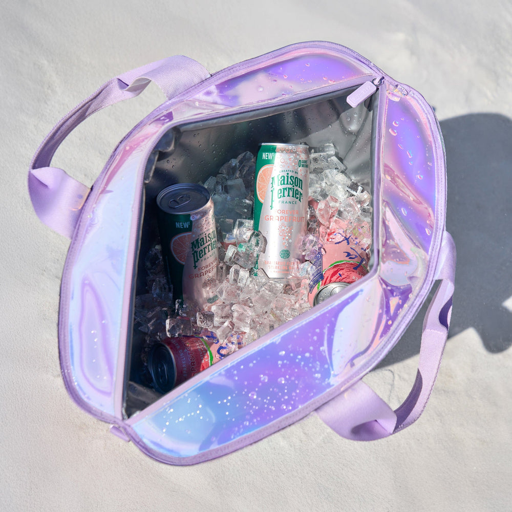 Iridescent cooler bag with drinks and ice on a light background
#color_iridescent