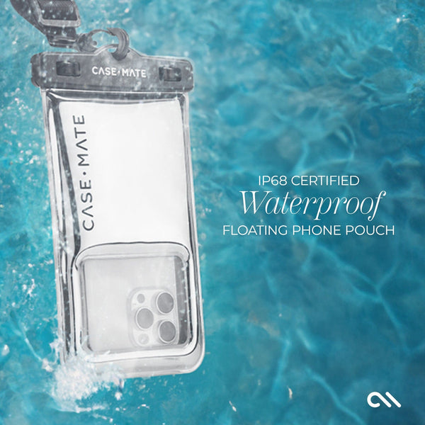 Clear waterproof floating phone pouch with Case-Mate branding on a blue water background 
#color_silver chrome 