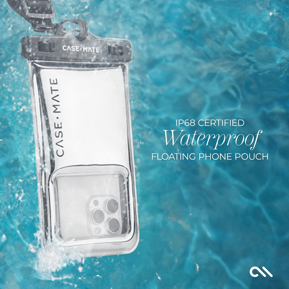 Clear waterproof floating phone pouch with Case-Mate branding on a blue water background 
#color_silver chrome 