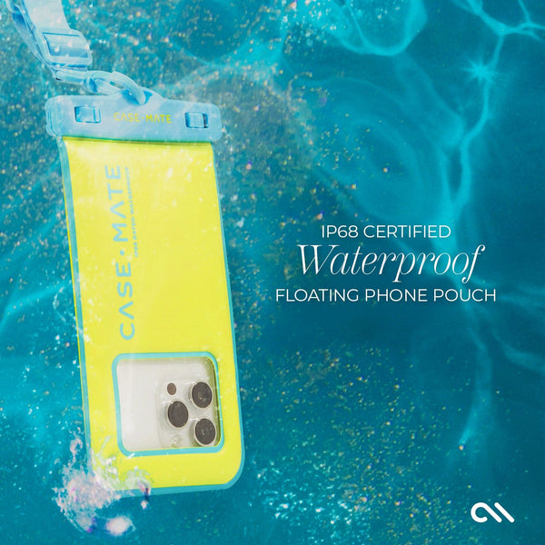 Yellow waterproof floating phone pouch with Case-Mate branding submerged in water. #color_citrus splash