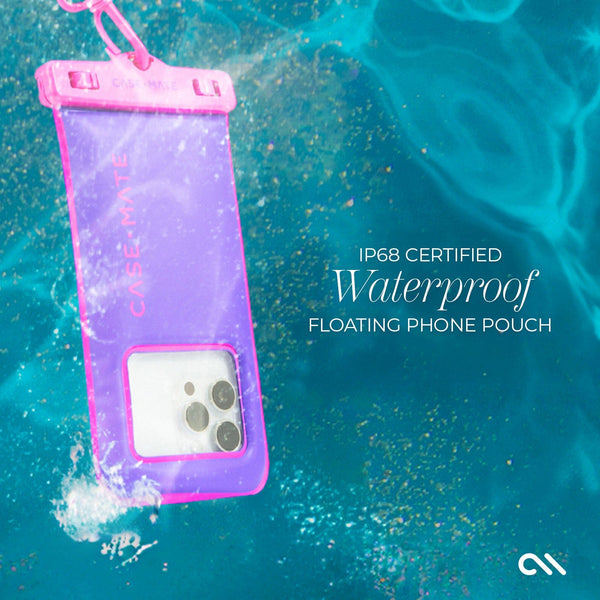 Purple waterproof floating phone pouch with pink top section, submerged in water. #color_purple paradise