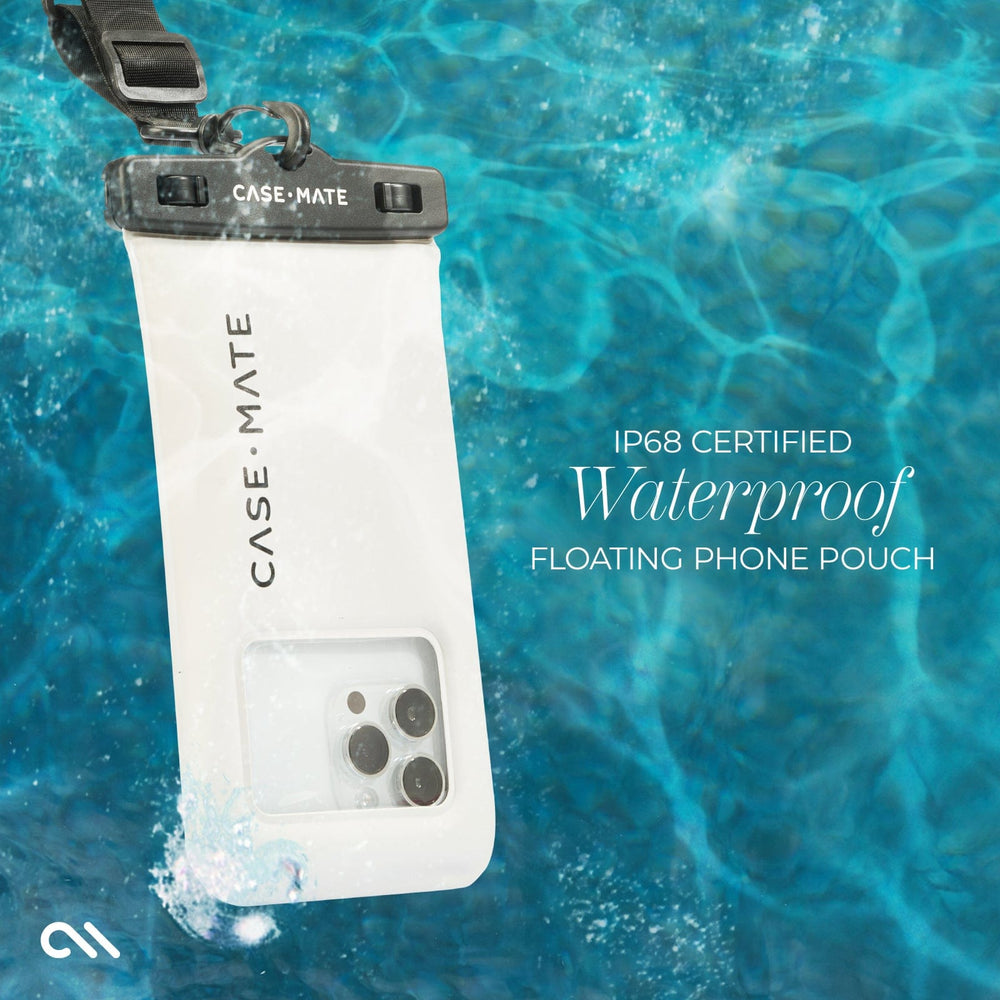 Case-Mate waterproof floating phone pouch with a phone inside, submerged in water. #color_sand dollar