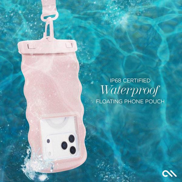 Pink waterproof floating phone pouch with IP68 certification on a water  background #color_ballet pink twinkle