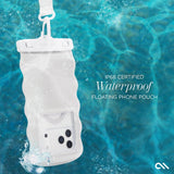 Waterproof floating phone pouch with certification text in an underwater setting #color_ivory twinkle