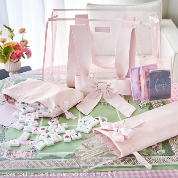 Ballet Pink Mahjong Set on pink and green mat. *Set does not include tiles, mat, racks, or game card. 
#color_ballet pink bow