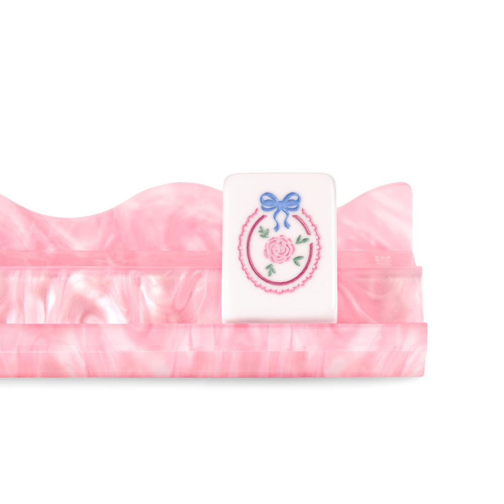 A pink marbled hair claw clip with a white rectangular decorative accent featuring an embroidered pink rose, green leaves, and a blue bow.
#color_Ballet Pink Pearl