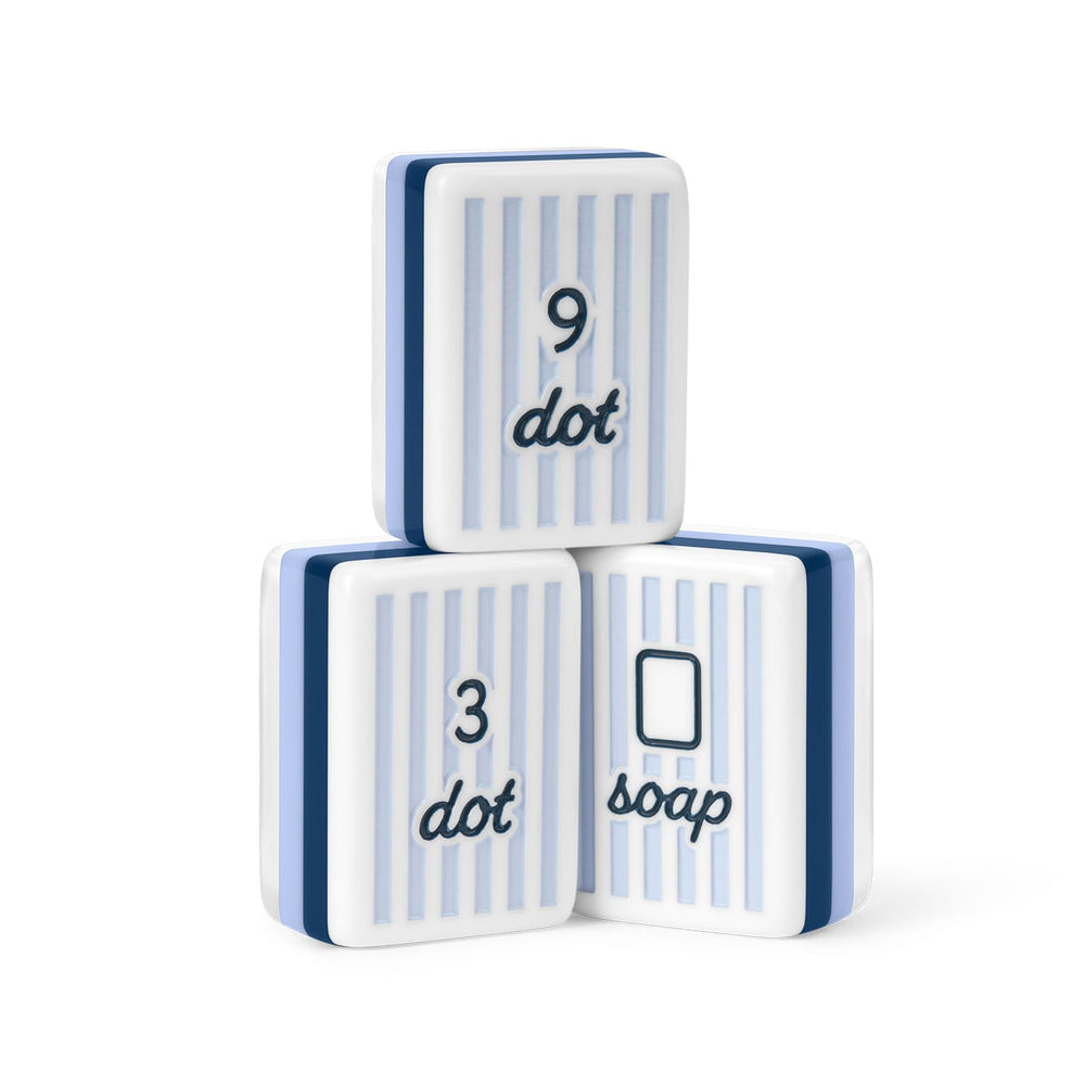 Three white rectangular blocks with light blue vertical stripes and dark blue text, stacked in a pyramid on a white background. The top block reads '9 dot', the bottom left reads '3 dot', and the bottom right reads 'soap'.
#color_cabana stripe edition