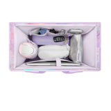 A lavender and holographic organizer box shown from above, filled with various small accessories including a pink and white hair dryer, a white pouch, a silver pouch, keys, and a tablet.
#color_lavender 