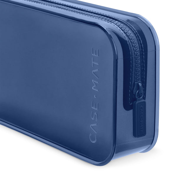 A close-up of a blue translucent soft-shell pouch with a zipper, showing the debossed brand name CASE-MATE on the side. 
#color_oxford navy
