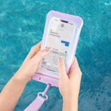Person holding a phone with a pink waterproof case by a pool 
#color_iridescent