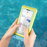 Person using a phone with a yellow case by a pool #color_citrus splash