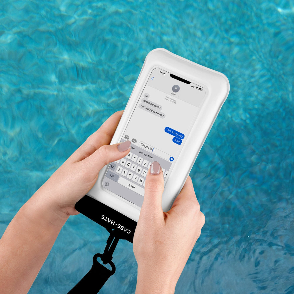 Person using a phone with a water-resistant case by a pool #color_sand dollar