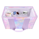 A pastel iridescent storage organizer bag with lavender handles, shown open on a white background. The bag has multiple interior compartments containing toiletry items and a phone, with a small front label
#color_lavender 