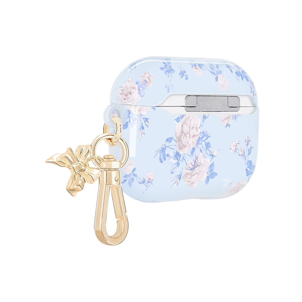 Floral patterned air pod case with a gold keychain on a white background
#color_everblooming rosettes