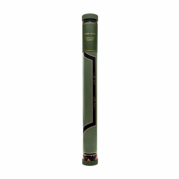 A tall, narrow olive green cylindrical package or case standing upright on a plain white background. The top section is olive green with gold text reading 'CASE-MATE' and smaller text below.
#color_classic tortoiseshell
