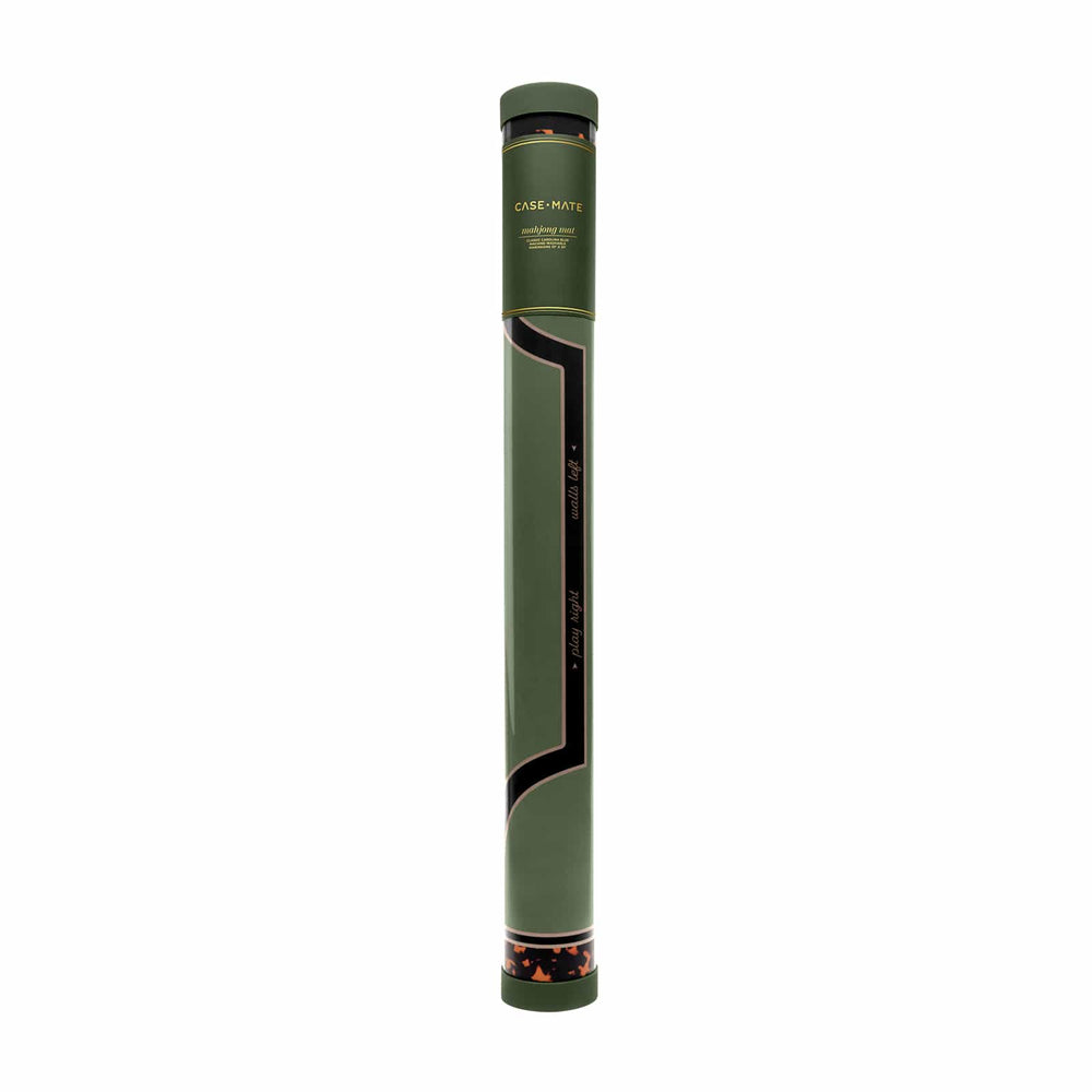 A tall, narrow olive green cylindrical package or case standing upright on a plain white background. The top section is olive green with gold text reading 'CASE-MATE' and smaller text below.
#color_classic tortoiseshell