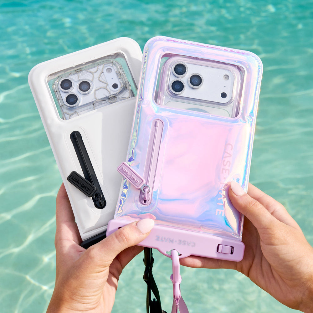 Two phone cases held by hands with a water background #color_iridescent