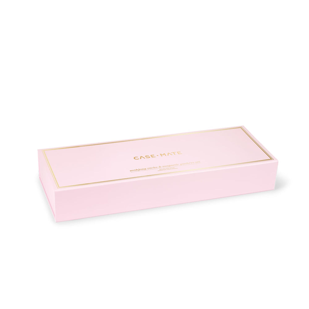A light pink rectangular gift box with a gold border and gold 'CASE-MATE' branding on the lid, shown on a clean white background.
#color_Ballet Pink Pearl