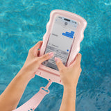 Person using a pink phone with a waterproof case by a pool #color_ballet pink twinkle