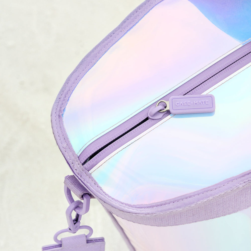 Holographic pouch with a visible brand logo on a light background
#color_iridescent