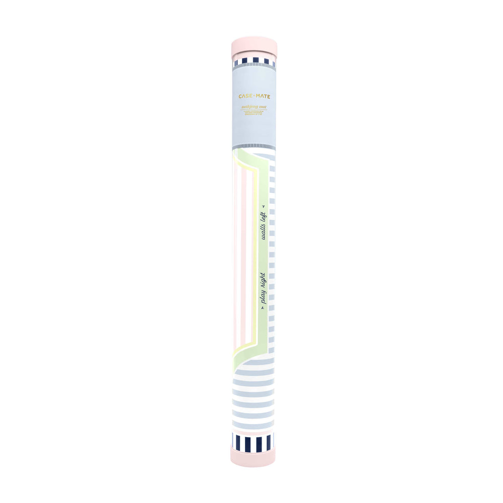 A single roll of washi tape with a pastel multicolor design, featuring stripes and wavy lines in pink, light blue, green, and navy, on a plain white background.
#color_classic cabana stripe