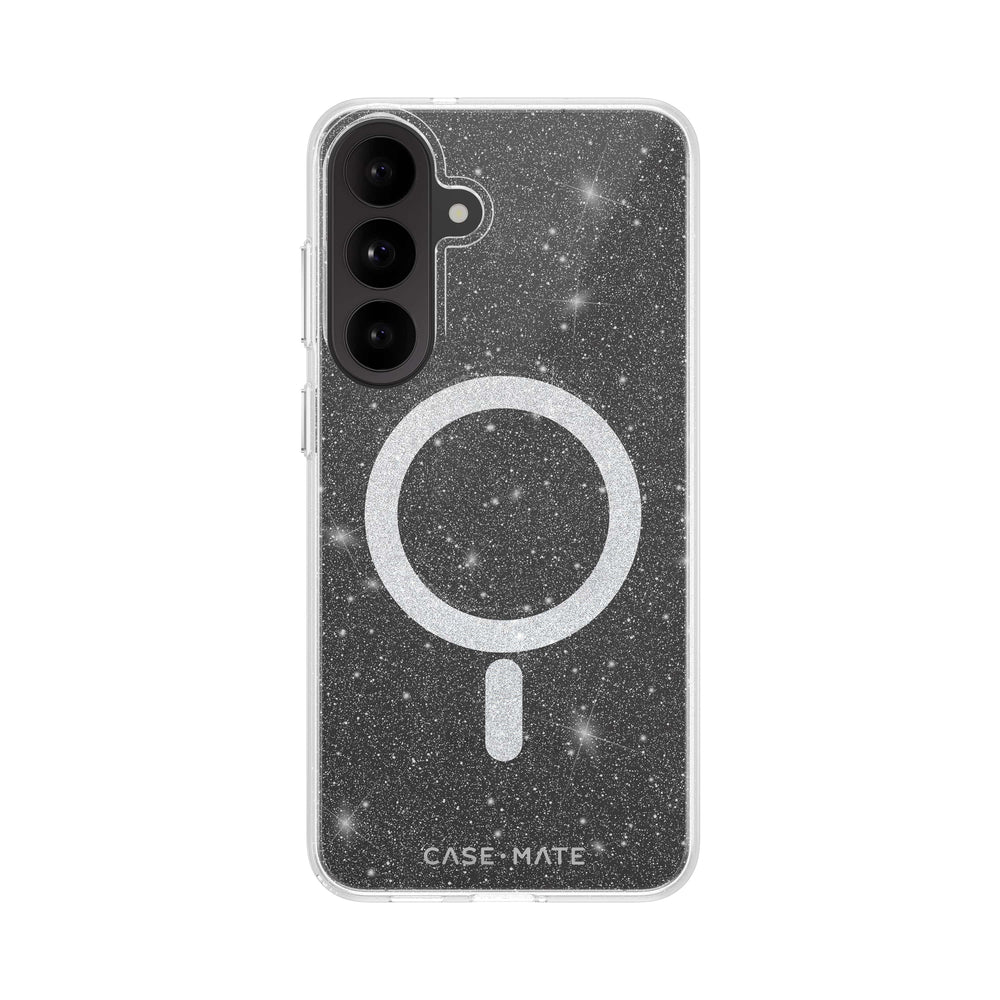 A clear phone case with a black glittery interior featuring a large white magnetic ring and a white starry speckle pattern, shown on a white background.

#color_sheer twinkle silver