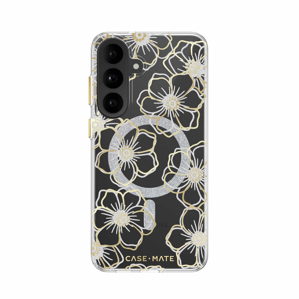 A clear protective phone case for a Samsung Galaxy S21 Ultra, featuring a black background decorated with gold floral outlines and a glittery silver circular MagSafe ring. The brand name 'CASE • MATE' is printed in gold at the bottom.

#color_floral gems