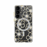 A clear protective phone case for a Samsung Galaxy S21 Ultra, featuring a black background decorated with gold floral outlines and a glittery silver circular MagSafe ring. The brand name 'CASE • MATE' is printed in gold at the bottom.

#color_floral gems