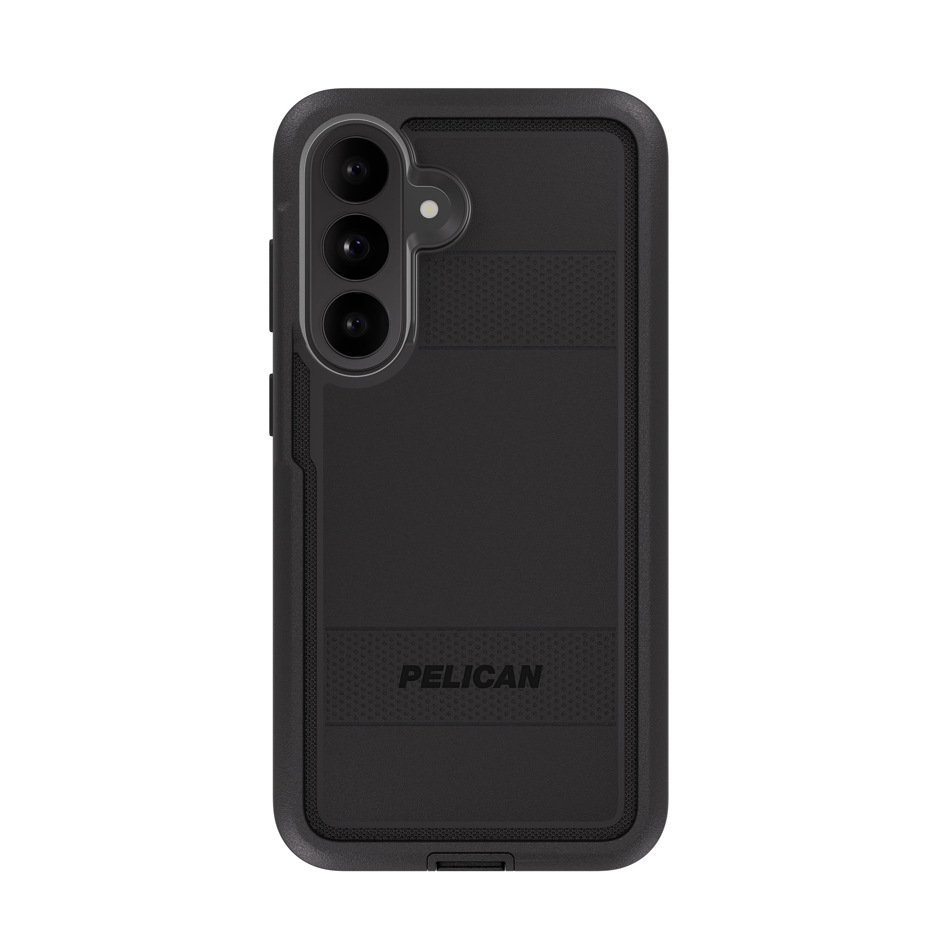 A black Pelican phone case with a textured grip design and a raised brand name, shown on a plain white background.
#color_voyager black