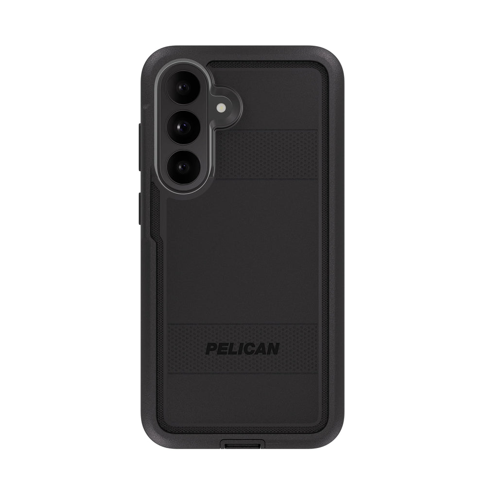 A black Pelican phone case with a textured grip design and a raised brand name, shown on a plain white background.
#color_voyager black