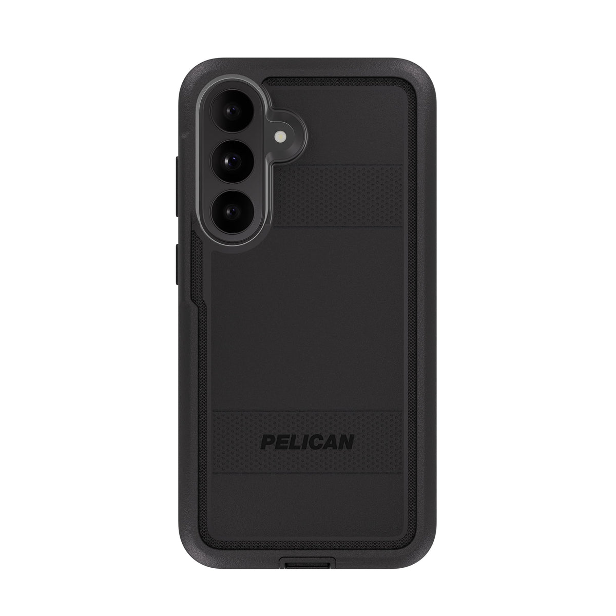 A black Pelican phone case with a textured grip design and a raised brand name, shown on a plain white background.
#color_voyager black