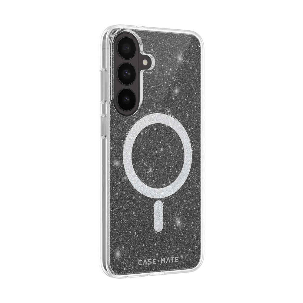 A clear phone case with silver glitter and white star accents, featuring a large white MagSafe ring and a CASE-MATE logo at the bottom, shown on a white background.
#color_sheer twinkle silver